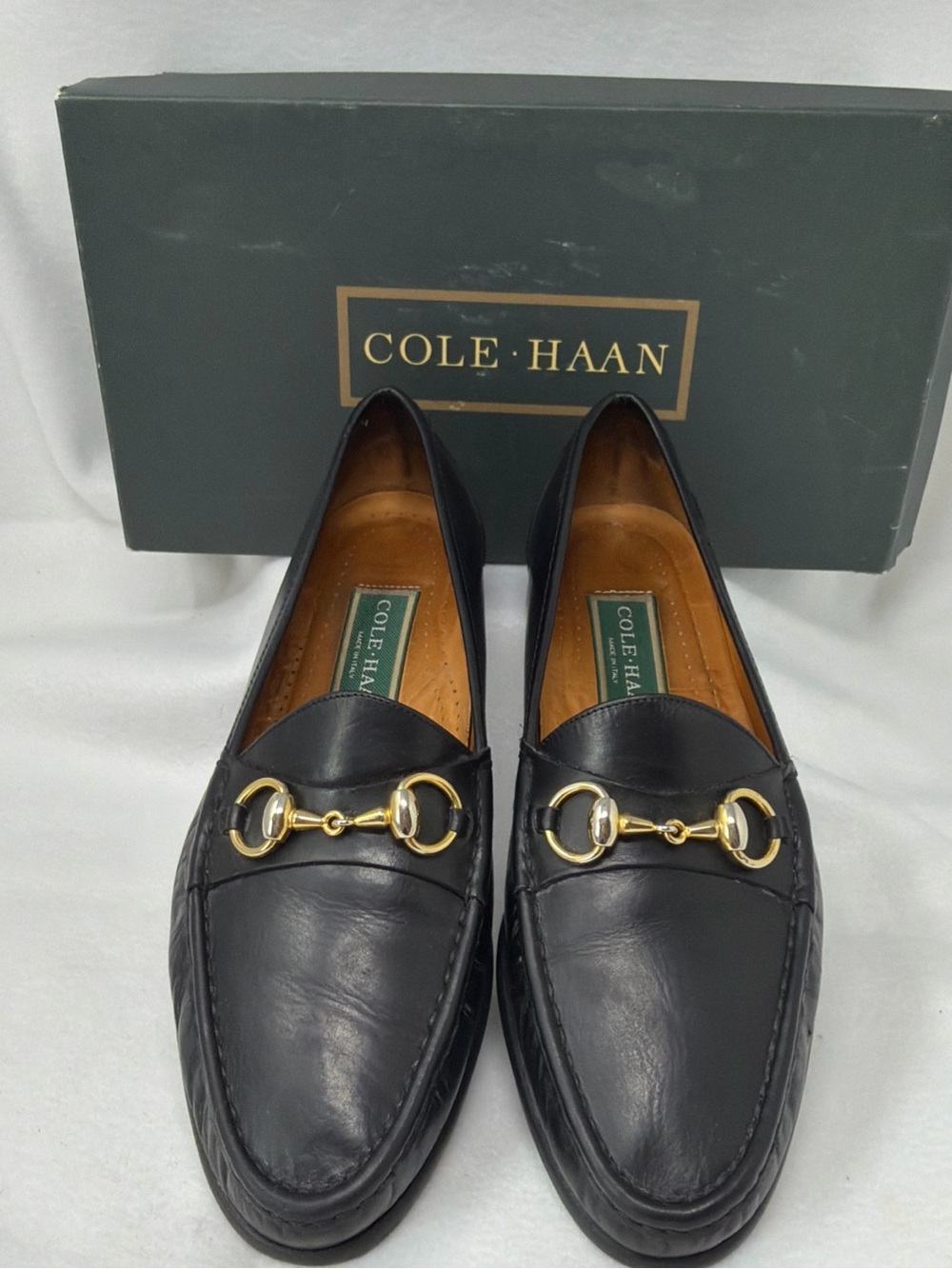 Vintage Cole Haan 1990’s Black Leather Loafers with Gold Bit Size 9